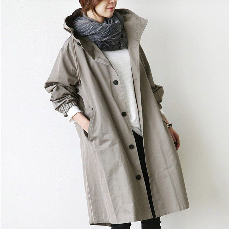 Long Hooded Raincoat with Snap Fastenings - Grey