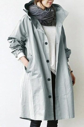 Long Hooded Raincoat with Snap Fastenings - Light Blue