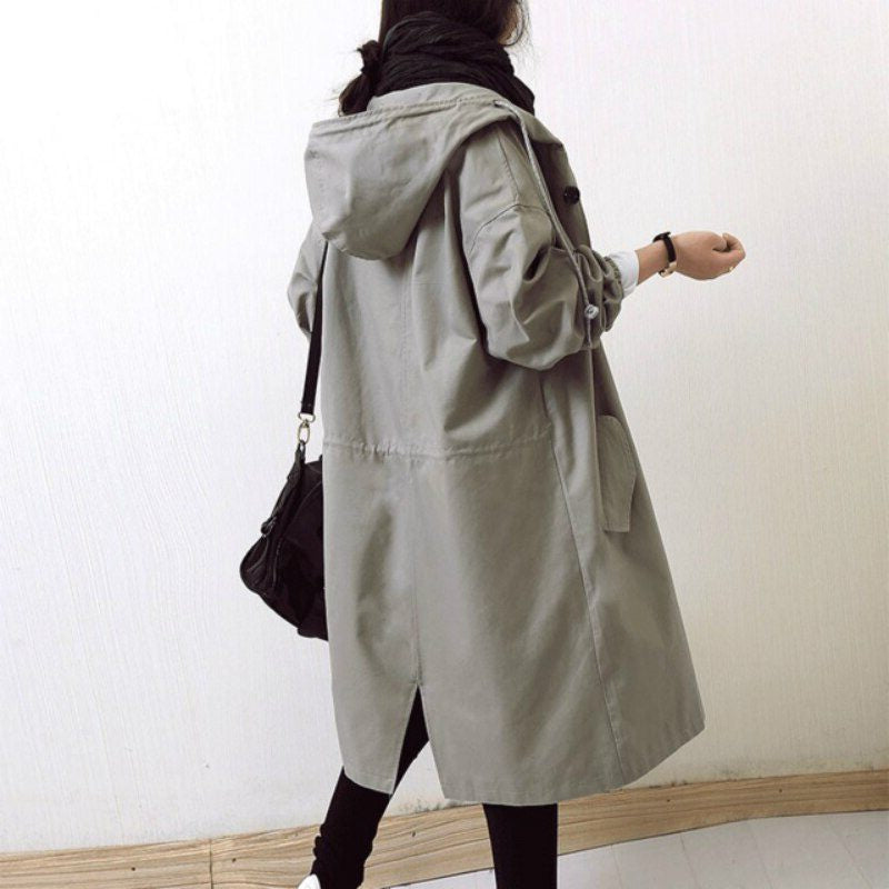 Long Hooded Raincoat with Snap Fastenings - Grey