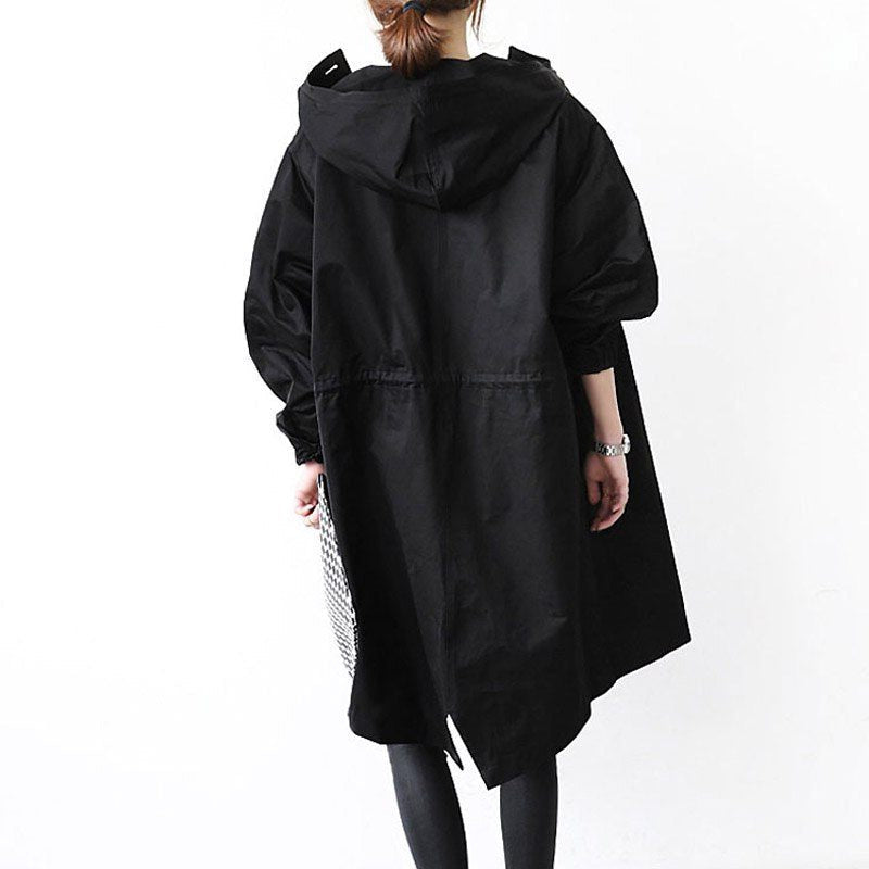 Long Hooded Raincoat with Snap Fastenings - Black