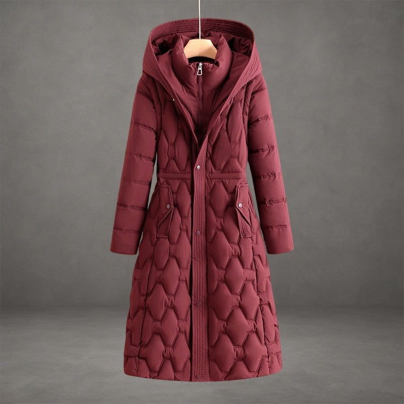 Longline Hooded Puffer Coat with Diamond Quilting - Red