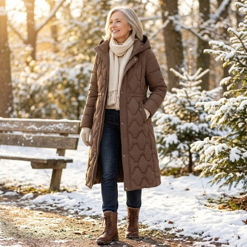 Longline Hooded Puffer Coat with Diamond Quilting - Brown