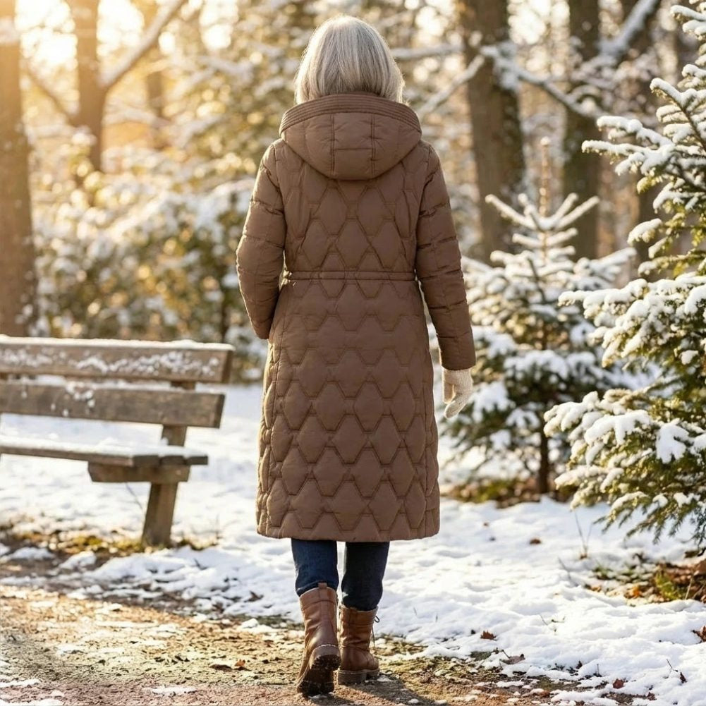 Longline Hooded Puffer Coat with Diamond Quilting - Brown