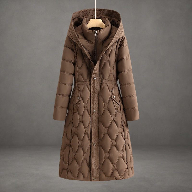 Longline Hooded Puffer Coat with Diamond Quilting - Brown