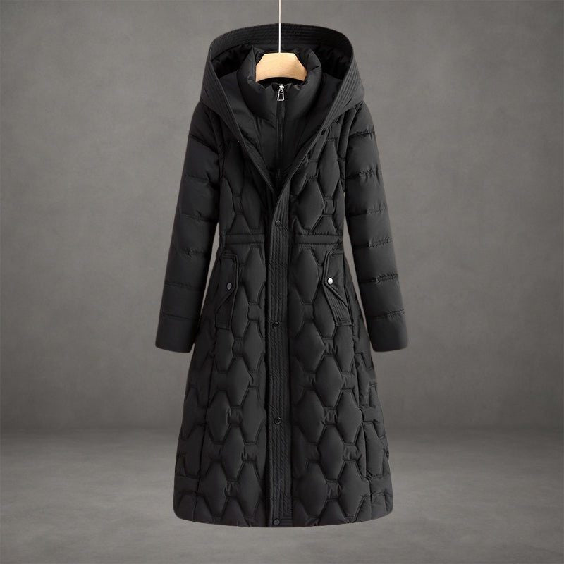 Longline Hooded Puffer Coat with Diamond Quilting - Black