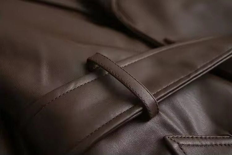 Leather-Look Longline Trench Coat with Side Slits - Brown