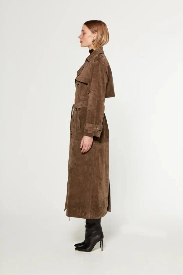 Belted Suede-Look Longline Trench Coat - Brown