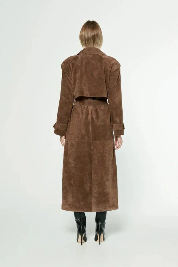 Belted Suede-Look Longline Trench Coat - Brown