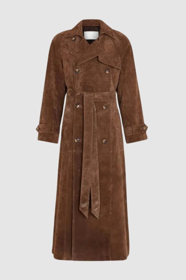 Belted Suede-Look Longline Trench Coat - Brown