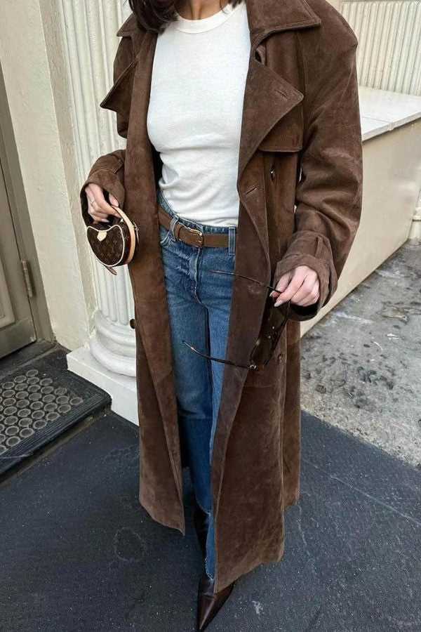 Belted Suede-Look Longline Trench Coat - Brown