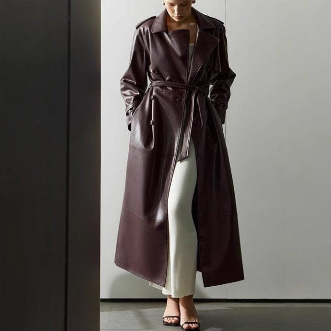 Leather-Look Maxi Trench Coat with Draped Lapels - Dark Red