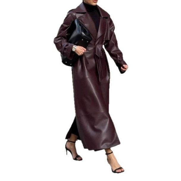 Leather-Look Maxi Trench Coat with Draped Lapels - Dark Red