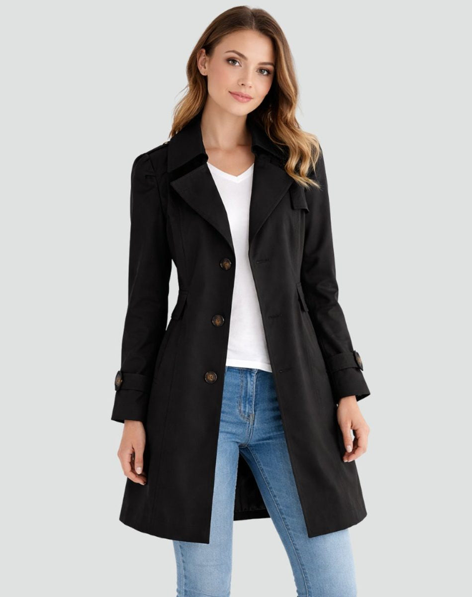 Double-Breasted Mid-Length Trench Coat - Black