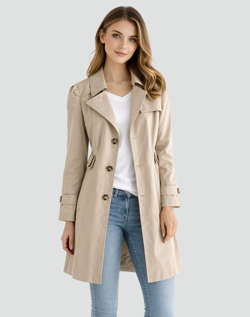 Double-Breasted Mid-Length Trench Coat - Khaki