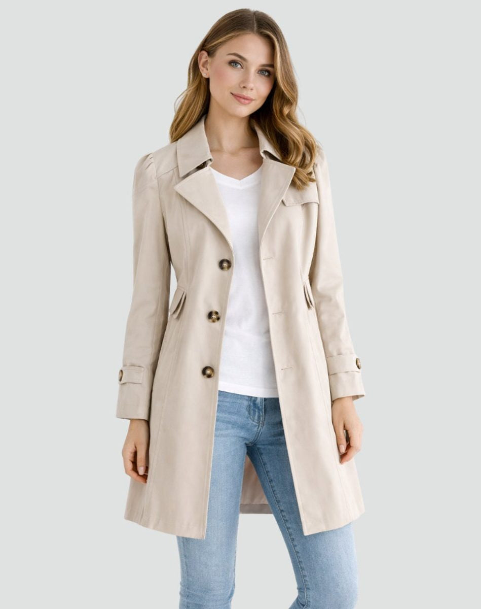 Double-Breasted Mid-Length Trench Coat - Beige