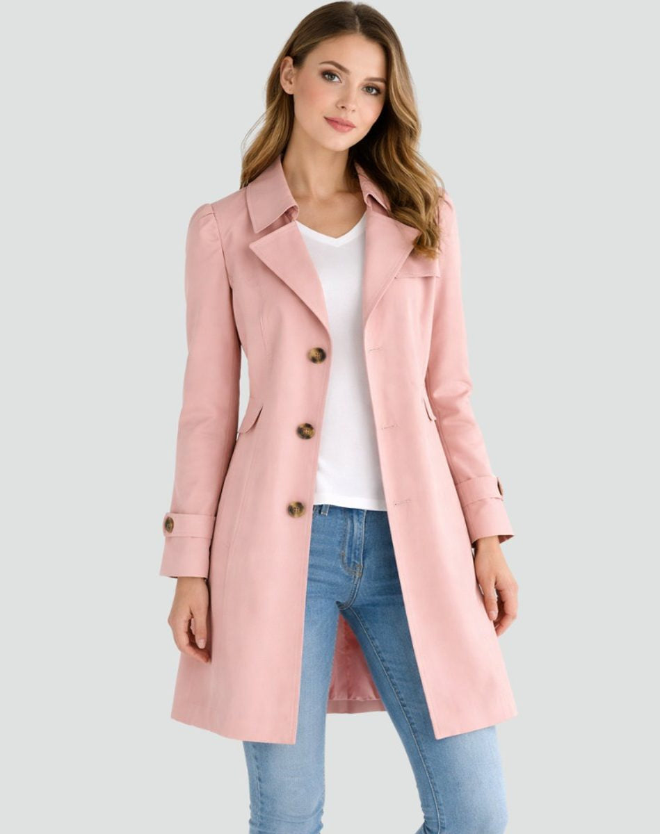 Double-Breasted Mid-Length Trench Coat - Pink