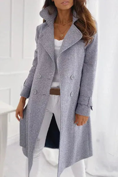 Longline Textured Coat with Notched Lapels - Light Grey