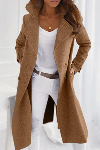 Longline Textured Coat with Notched Lapels - Brown