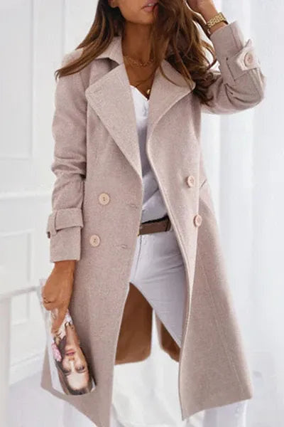 Longline Textured Coat with Notched Lapels - Beige