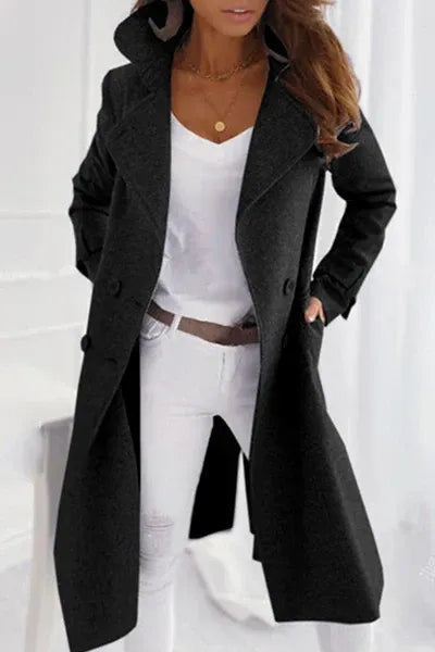 Longline Textured Coat with Notched Lapels - Black