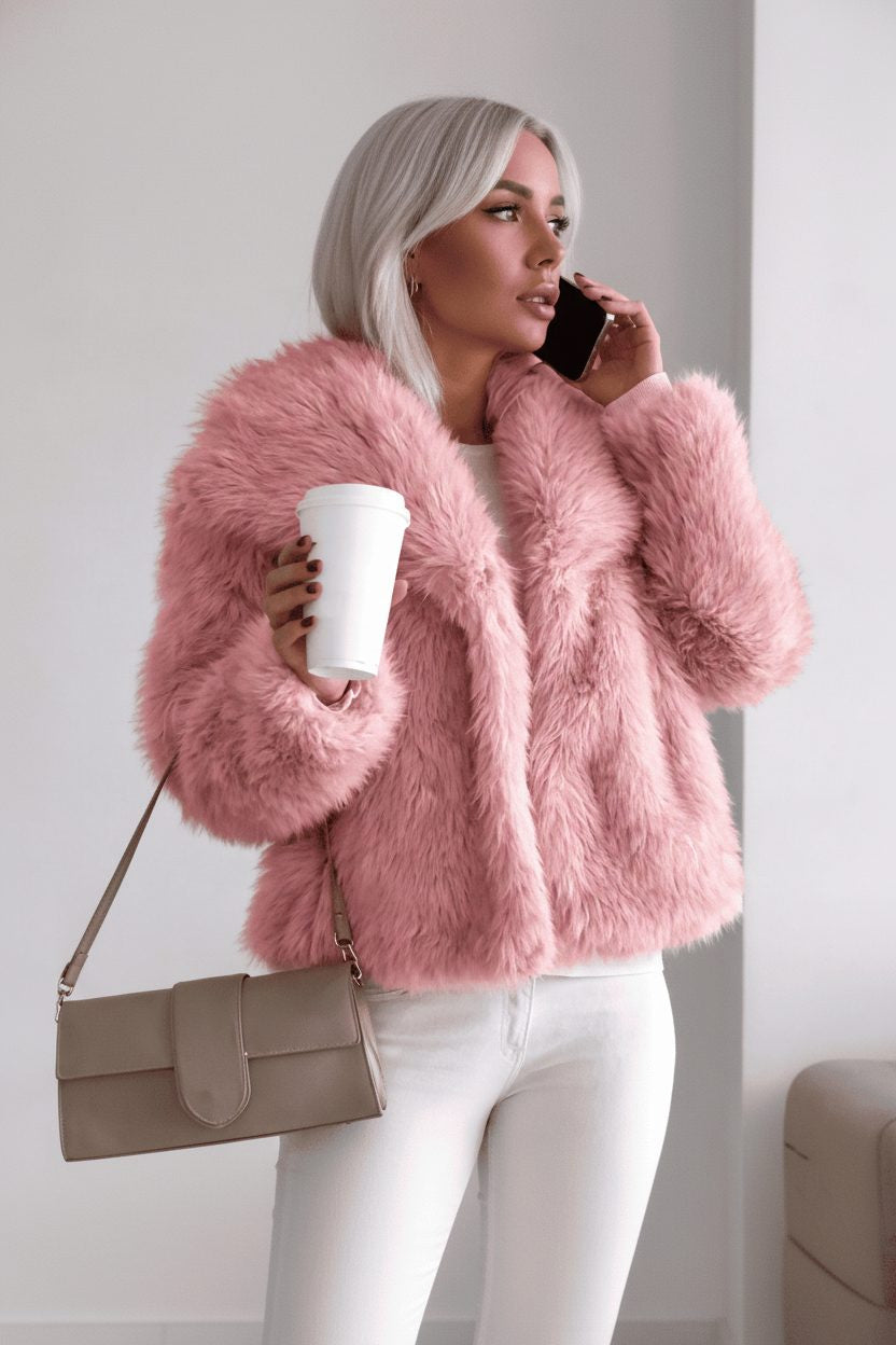 Cropped Faux Fur Jacket with Wide Collar - Pink