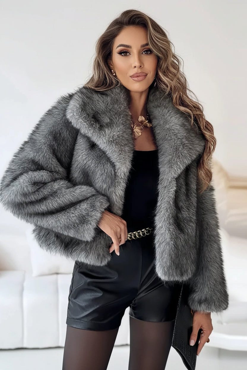 Cropped Faux Fur Jacket with Wide Collar - Charcoal