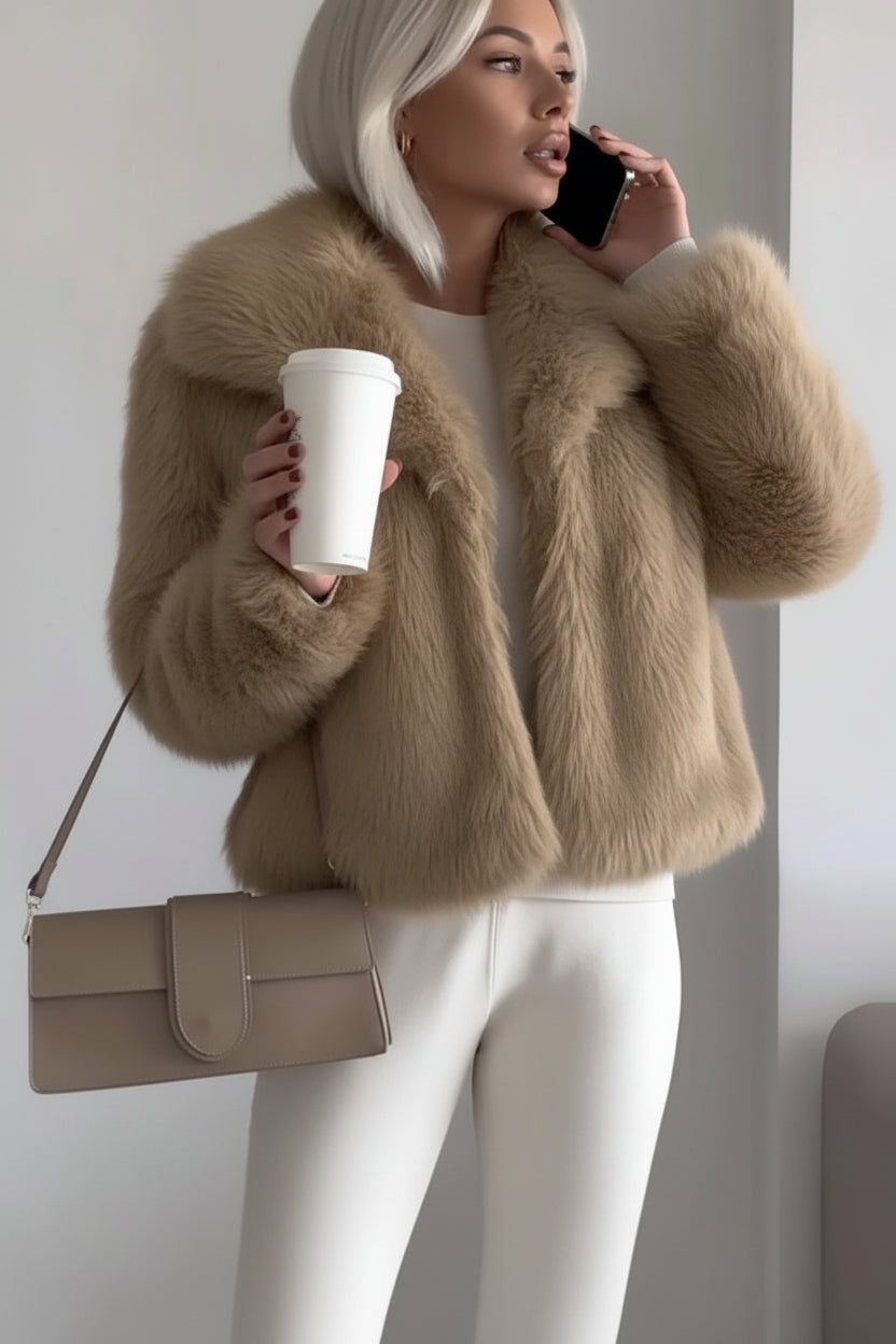 Cropped Faux Fur Jacket with Wide Collar - Tan