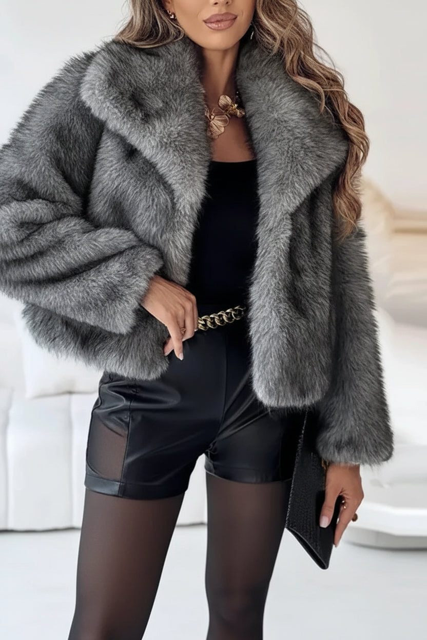Cropped Faux Fur Jacket with Wide Collar - Charcoal