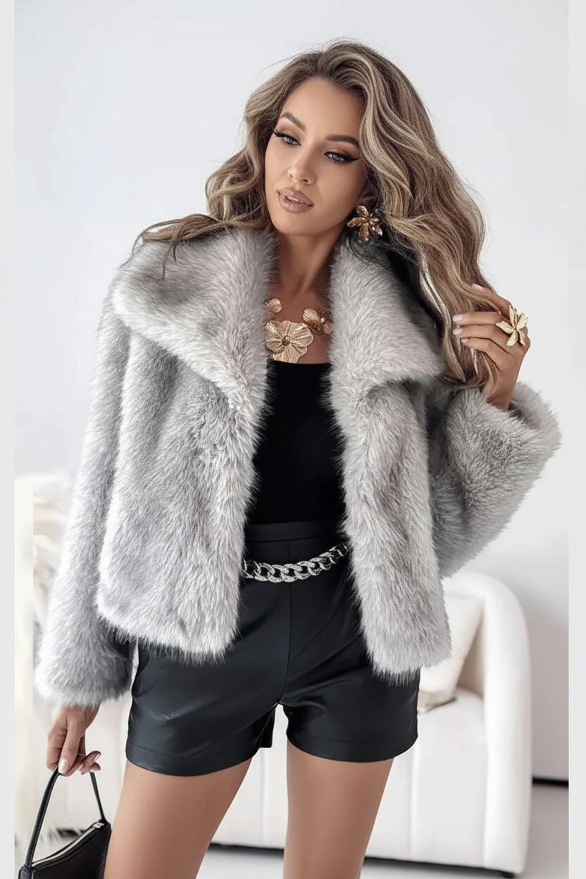 Cropped Faux Fur Jacket with Wide Collar - Grey