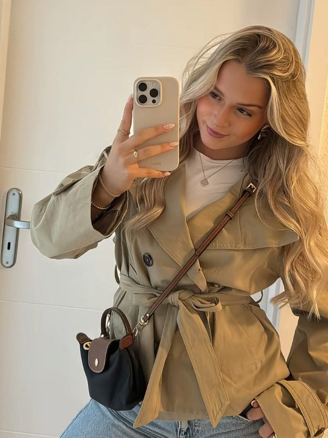 Belted Trench Jacket with Stand Collar - Khaki