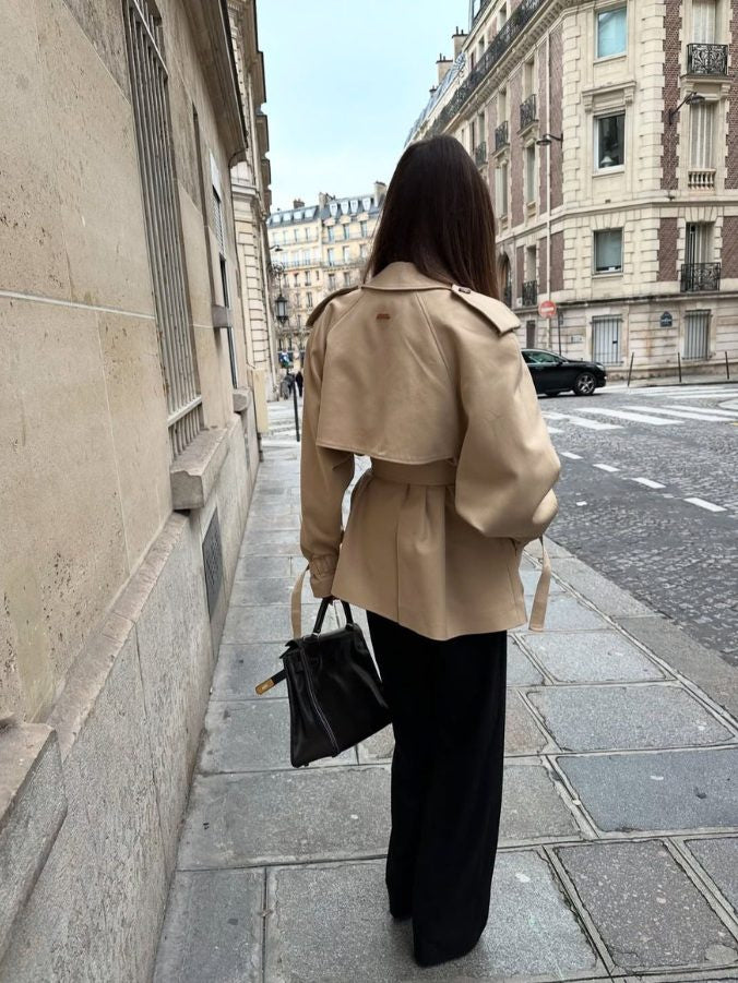 Belted Trench Jacket with Stand Collar - Khaki