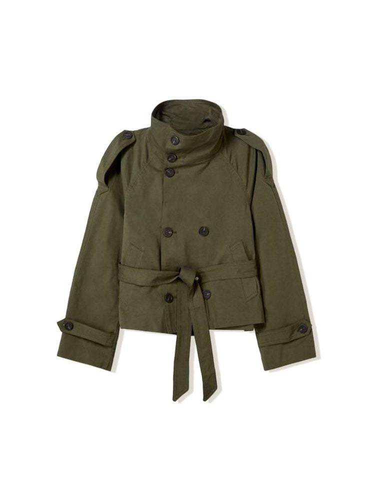 Belted Trench Jacket with Stand Collar - Olive Green