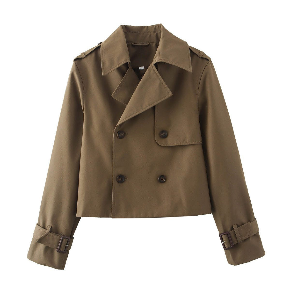 Short Double-Breasted Trench Jacket with Notch Lapels - Brown
