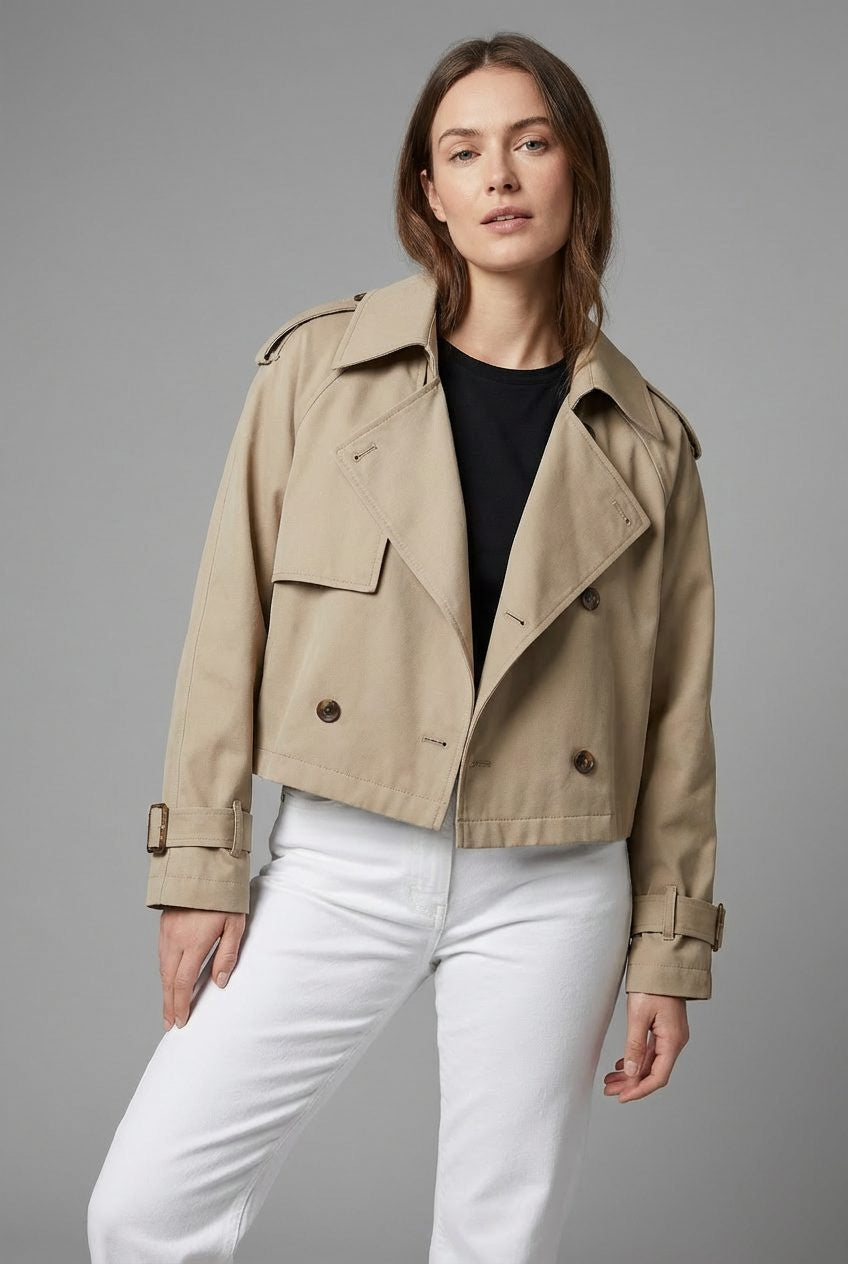 Cropped Trench Jacket with Wide Storm Flaps - Khaki