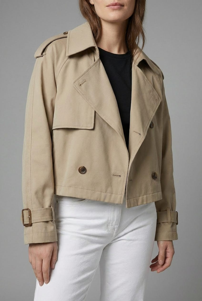 Cropped Trench Jacket with Wide Storm Flaps - Khaki