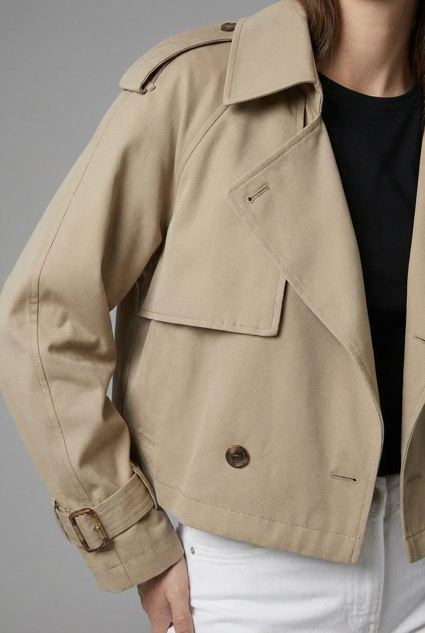 Cropped Trench Jacket with Wide Storm Flaps - Khaki