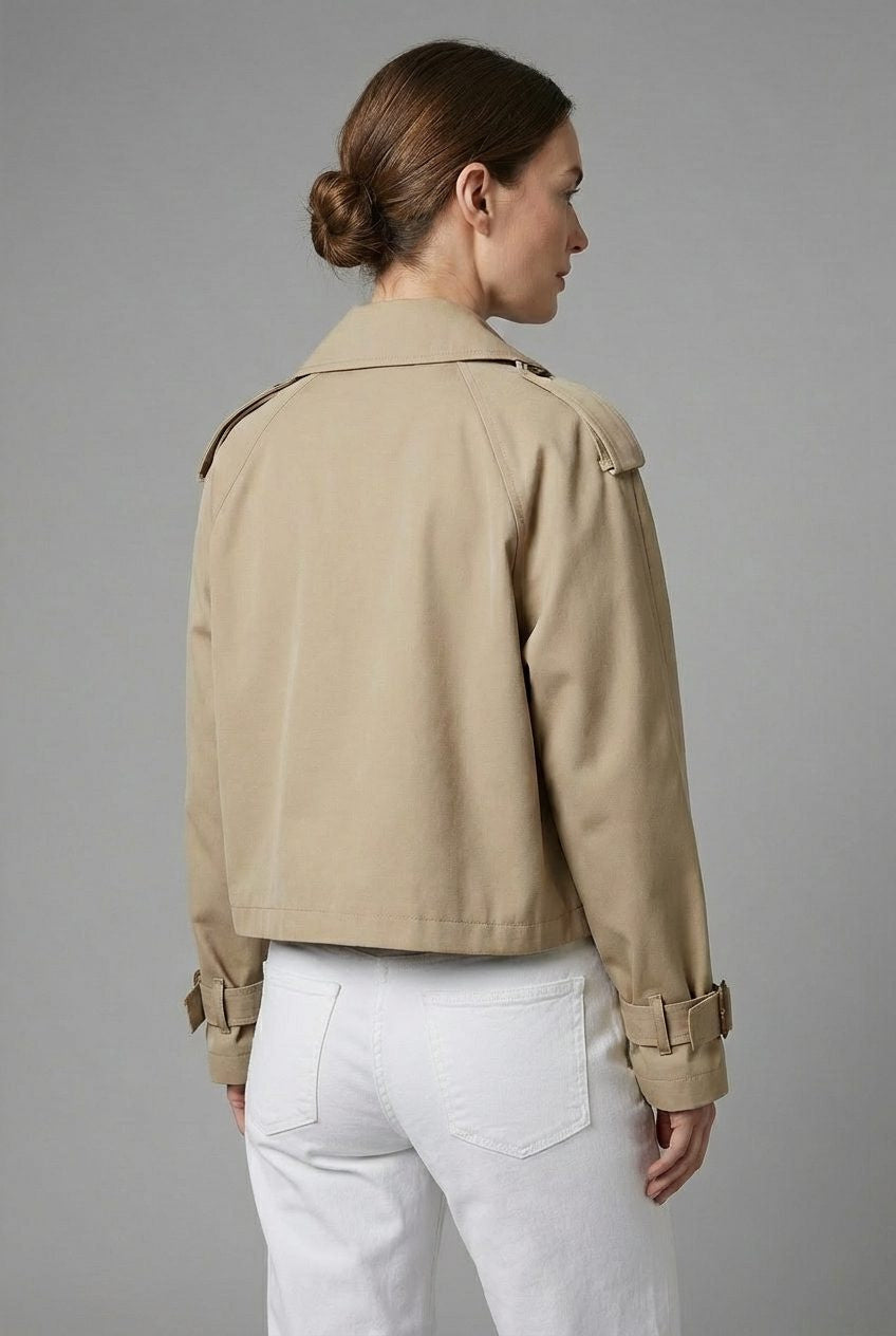 Cropped Trench Jacket with Wide Storm Flaps - Khaki