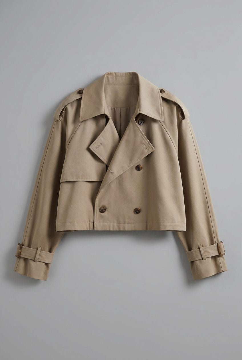 Cropped Trench Jacket with Wide Storm Flaps - Khaki