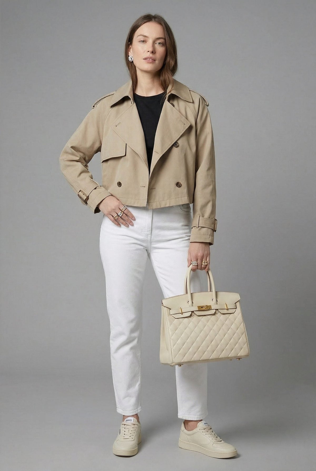 Cropped Trench Jacket with Wide Storm Flaps - Khaki