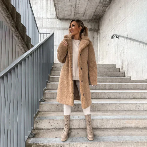 Button-Front Teddy Coat with Notched Collar - Khaki