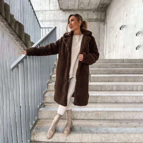 Button-Front Teddy Coat with Notched Collar - Coffee
