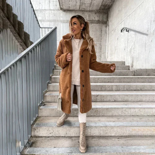 Button-Front Teddy Coat with Notched Collar - Brown