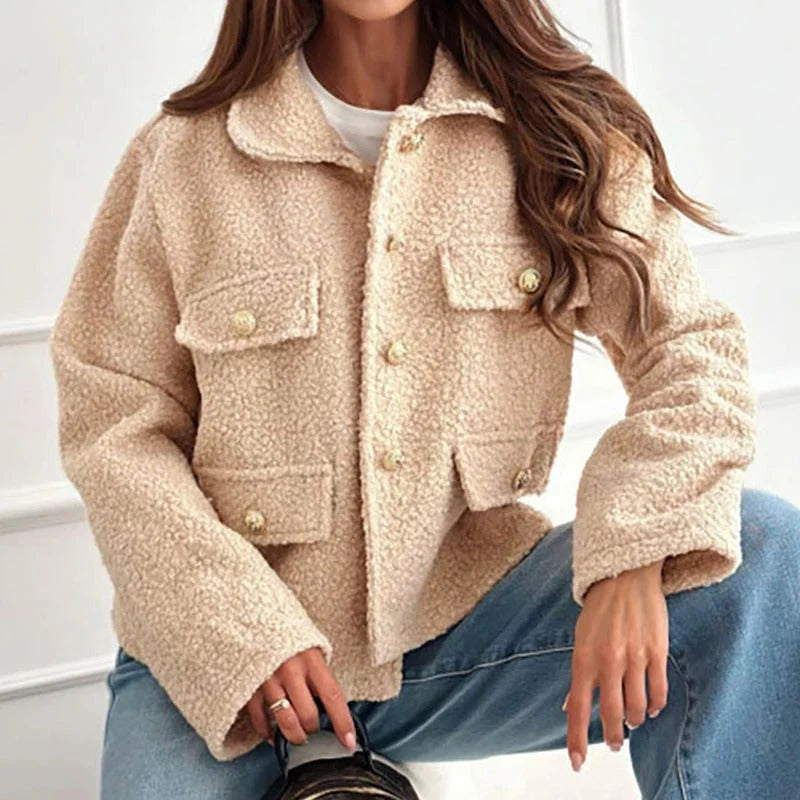 Short Teddy Jacket with Flap Pockets - Beige