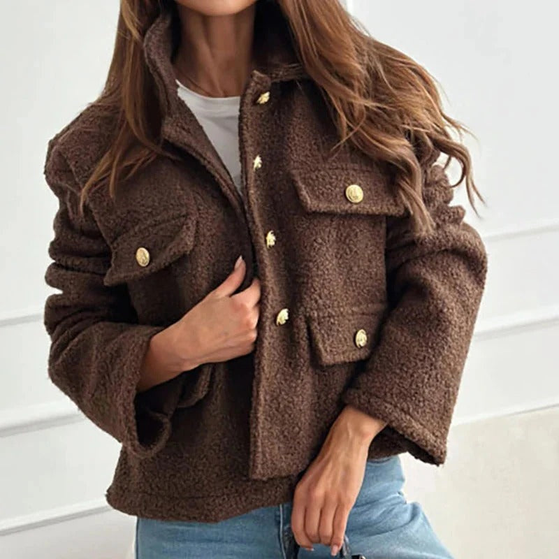 Short Teddy Jacket with Flap Pockets - Brown