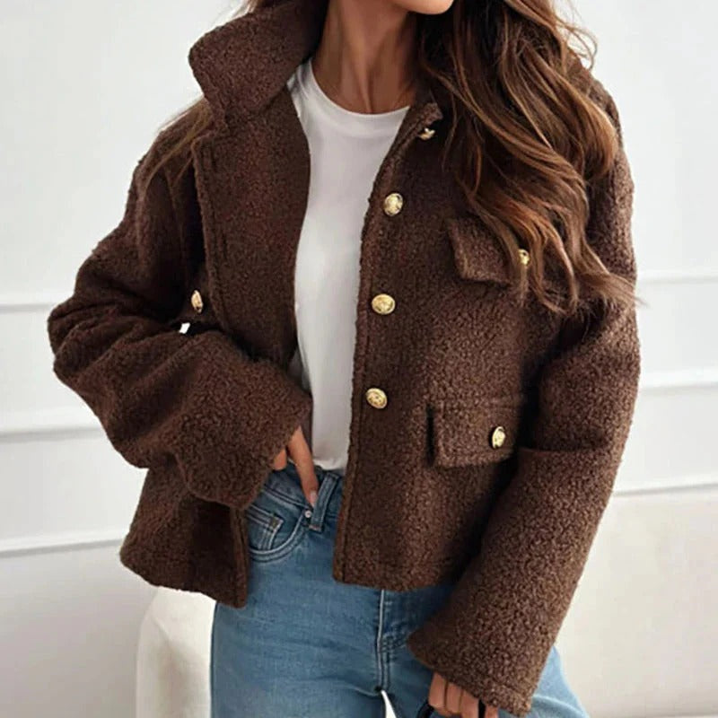 Short Teddy Jacket with Flap Pockets - Brown