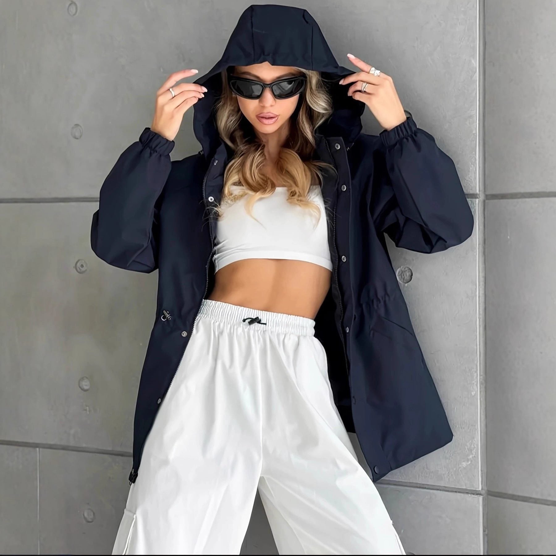 Oversized Hooded Rain Jacket with Button Front - Navy