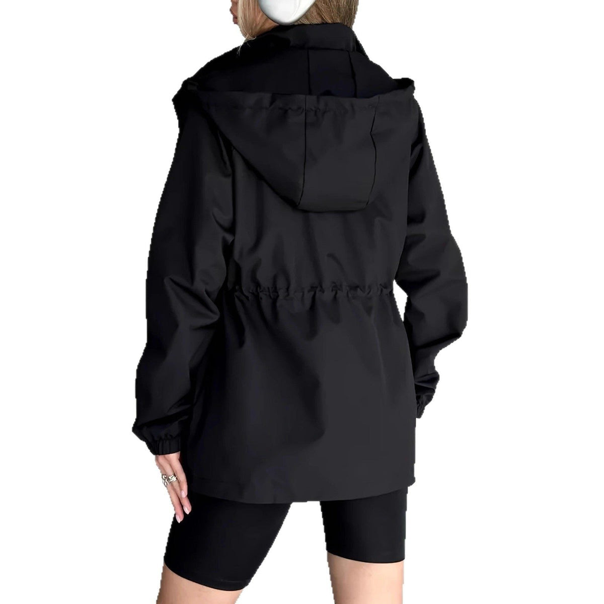 Oversized Hooded Rain Jacket with Button Front - Black