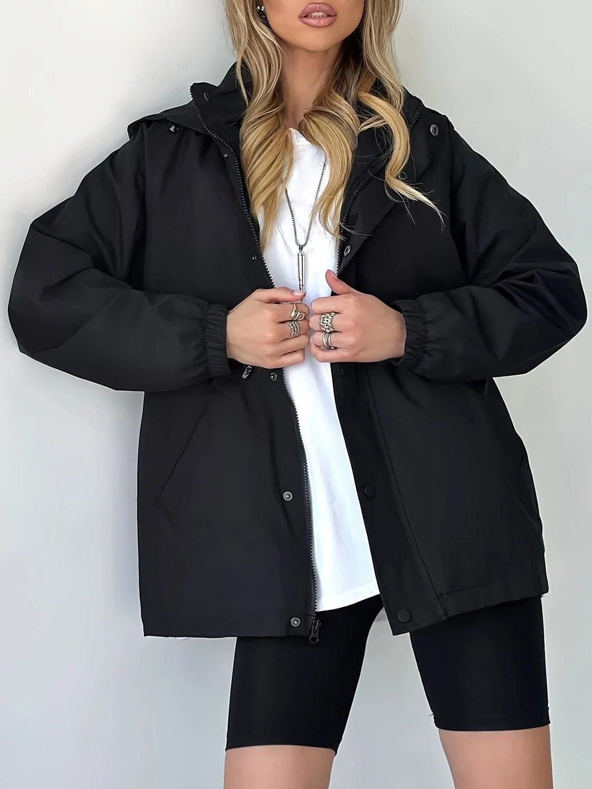 Oversized Hooded Rain Jacket with Button Front - Black