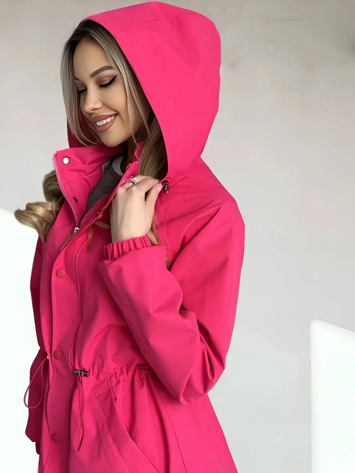 Oversized Hooded Rain Jacket with Button Front - Magenta