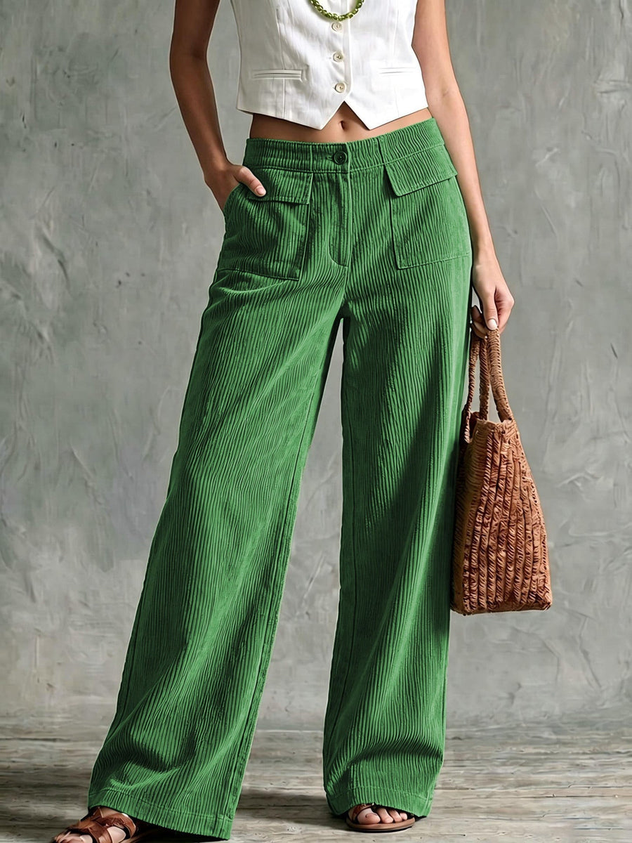 Cordhose Damen mit weitem geradem Bein und hohem Bund - Grün